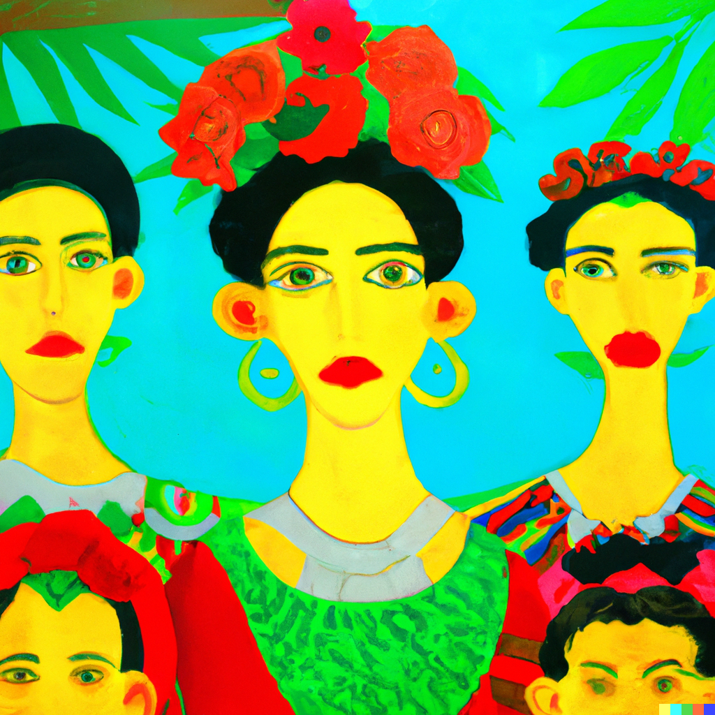 A vibrant, multicoloured, surrealist, repeated 
        image of Frida Kahlo, wearing a red rose headdress, with yellowish skin, on a turquoise background.